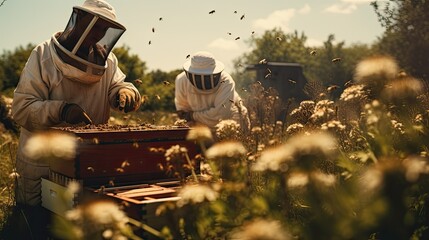 a beekeeper in action, the precise moment when they are removing a honeycomb from the beehive, the essence of the beekeeper's work