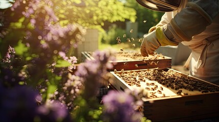 Obraz premium a beekeeper in action, the precise moment when they are removing a honeycomb from the beehive, the essence of the beekeeper's work
