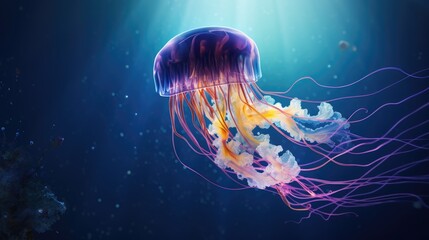 Jellyfish swimming in the sea. Dark blue depth of the ocean, view from under the water. Illustration of sun rays underwater. Illustration for banner, poster, cover, brochure or presentation.