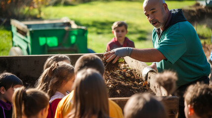 Farmer educating children on composting and sustainable farming. - obrazy, fototapety, plakaty