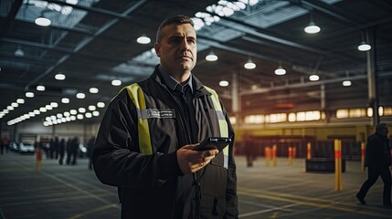 male security guard using a portable radio transmitter while performing a real task - obrazy, fototapety, plakaty