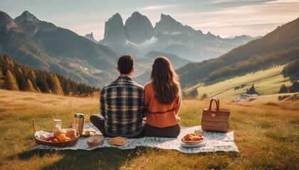 Young couple in love doing picnic visiting alps Dolomities. Boyfriend and girlfriend sitting and looking at the beautiful scenic green meadow landscape