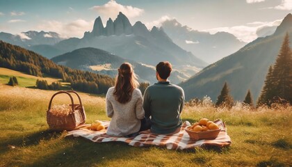 Young couple in love doing picnic visiting alps Dolomities. Boyfriend and girlfriend sitting and looking at the beautiful scenic green meadow landscape