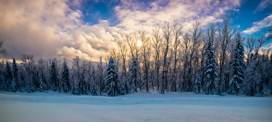 AI-generated winter landscape at sunrise with beautiful blue sky and clouds