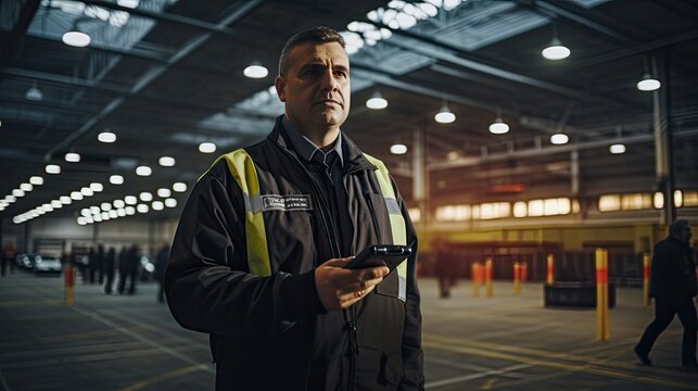male security guard using a portable radio transmitter while performing a real task