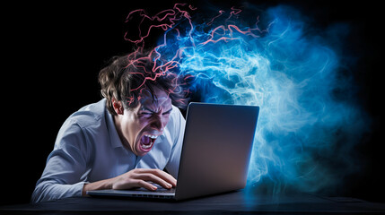 Man resisting computer's influence, surrounded by static electricity and waves. - obrazy, fototapety, plakaty
