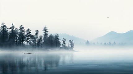 Obraz na płótnie Canvas a body of water with trees and a boat in the middle of it and a foggy sky in the background. generative ai