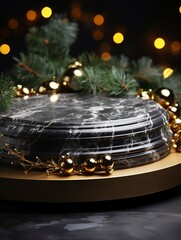 empty marble podium, for promotion of Christmas products, Christmas trees, gift boxes, dark background , generative ai