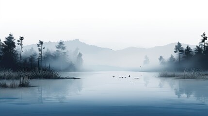  a painting of a lake surrounded by trees and a few ducks in the water with a foggy sky in the background.  generative ai