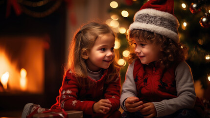 Portrait of two siblings smiling in front of a decorated Christmas tree at home