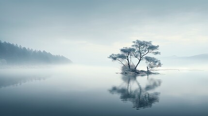  a lone tree sitting in the middle of a lake in the middle of a foggy, foggy day.  generative ai