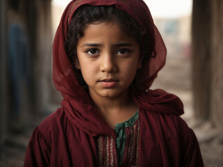 Close up portrait of little Muslim girl with serious look on her face wearing red hijab and traditional red and green clothing
