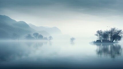  a body of water with a small island in the middle of it on a foggy day with mountains in the background.  generative ai