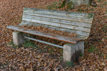 A wooden bench covered with autumnal fallen leaves. Symbol of autumn. 