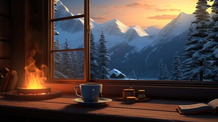  a cup of coffee and a book on a table in front of a window with a view of a snowy mountain.  generative ai