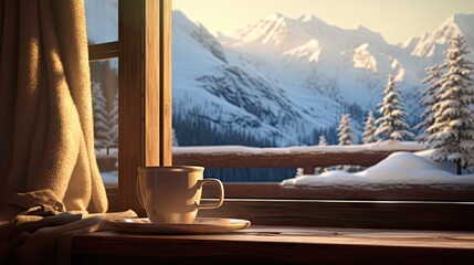  a cup of coffee sits on a table in front of a window with a view of a snowy mountain range.  generative ai