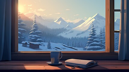  a cup of coffee and a book sit on a window sill in front of a snowy mountain scene with the sun shining through the window.  generative ai