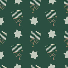 Vector seamless Hanukkah pattern Menorah and star of david on dark green background