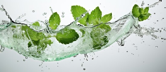 Fresh mint leaf dropped into a cold green beverage causing a splash Drink shown alone on white - obrazy, fototapety, plakaty