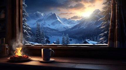 Fototapeta premium a cup of coffee and a plate of food on a table in front of a window with a mountain view. generative ai
