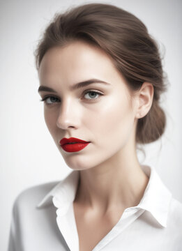 ritratto primo piano high key di volto di giovane donna, labbra con rossetto rosso acceso, sfondo bianco, capelli castani raccolti sulla nuca