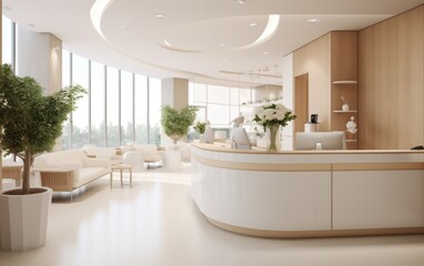 Interior of luxury reception hall with white reception desk. - obrazy, fototapety, plakaty
