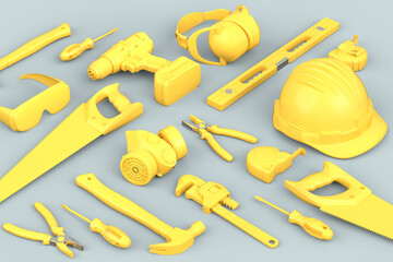 Top view of monochrome construction tools for repair on grey background