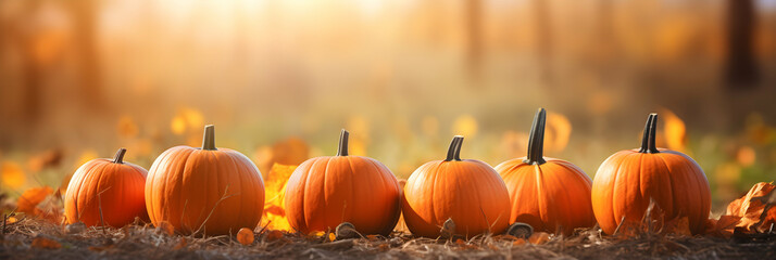 Autumn halloween pumpkins.Orange pumpkins on sunny bright background. Seasonal backdrop. Banner copy space. Generative AI.