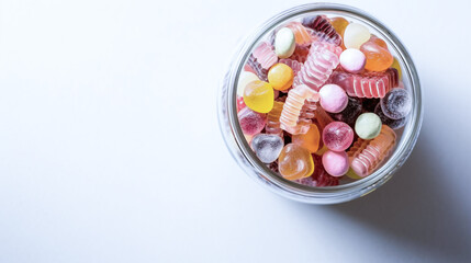 top view on sweets in a jar on a table with white background