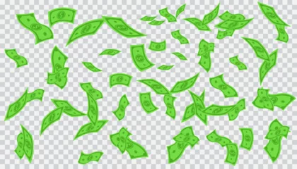 Fotobehang Transparent background of green dollars flying in the air, concept of currency, investment and wealth, vector graphics eps10 © Rick Cranches