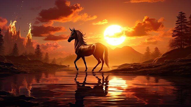  a painting of a horse walking in the water at sunset with a castle in the background and the sun reflecting in the water.  generative ai