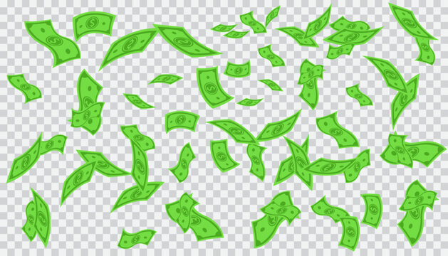Transparent background of green dollars flying in the air, concept of currency, investment and wealth, vector graphics eps10