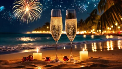 Two glasses of champagne toasting at New Year's party celebration on the beach with golden lights bokeh and fireworks on the background. - obrazy, fototapety, plakaty