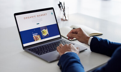 Online shopping menu, laptop and person hands reading screen for food delivery, restaurant webdesign or web store. About us, organic nutrition market and healthy customer decision on website homepage - obrazy, fototapety, plakaty