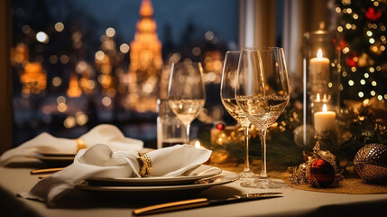 Christmas and New Year: Blurred Festive Table Setting with Decorated Tree, New York Landscape