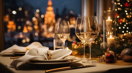 Rollo Paris Christmas and New Year: Blurred Festive Table Setting with Decorated Tree, New York Landscape