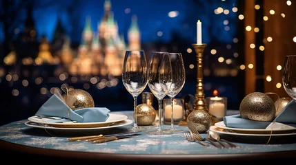 Papier Peint photo Lavable Paris Christmas and New Year: Blurred Festive Table Setting with Decorated Tree, New York Landscape