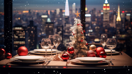 Christmas and New Year: Blurred Festive Table Setting with Decorated Tree, New York Landscape
