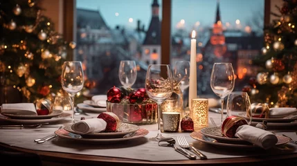 Rollo Paris Christmas and New Year: Blurred Festive Table Setting with Decorated Tree, New York Landscape