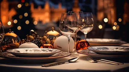 Crédence de cuisine en verre imprimé Paris Christmas and New Year: Blurred Festive Table Setting with Decorated Tree, New York Landscape