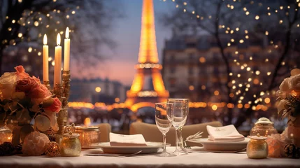 Papier Peint photo Lavable Paris Christmas and New Year: Blurred Festive Table Setting with Decorated Tree, New York Landscape