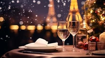 Tableaux sur verre Paris Christmas and New Year: Blurred Festive Table Setting with Decorated Tree, New York Landscape