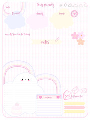 Daily reminder planner inspiration notepaper design printable . Pink, yellow, soft color kawaii pages for tags , weekly notes, diet menu breakfast lunch dinner 