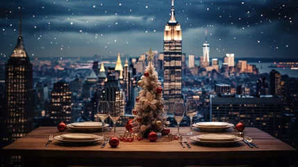 Tuinposter Parijs Christmas and New Year: Blurred Festive Table Setting with Decorated Tree, New York Landscape