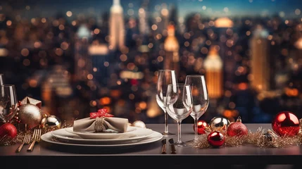 Store enrouleur tamisant Paris Christmas and New Year: Blurred Festive Table Setting with Decorated Tree, New York Landscape