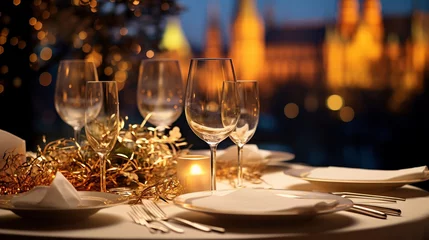 Papier Peint photo Paris Christmas and New Year: Blurred Festive Table Setting with Decorated Tree, New York Landscape