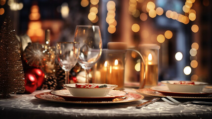Fototapeta na wymiar Christmas and New Year: Blurred Festive Table Setting with Decorated Tree, New York Landscape