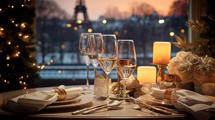 Tableaux sur verre Paris Christmas and New Year: Blurred Festive Table Setting with Decorated Tree, New York Landscape