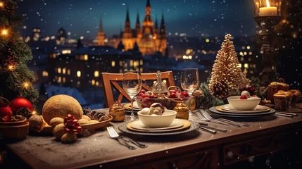 Poster de jardin Paris Christmas and New Year: Blurred Festive Table Setting with Decorated Tree, New York Landscape