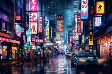 A bustling Tokyo street at night, alive with neon lights and energy.